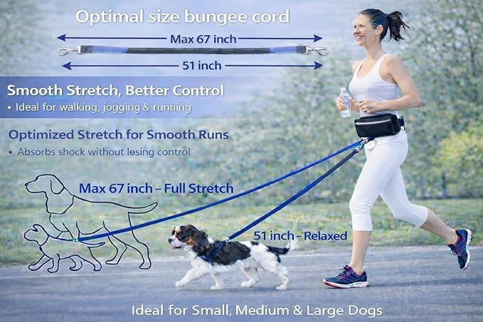 Hands Free Dog Leash with Waist Belt & Large Zipper Pouch, Waist Leash for Dog Walking, Running & Hiking, Reflective Stitching & Dual Padded Handles, Ideal for Medium to Large Dogs (25–125 lbs)