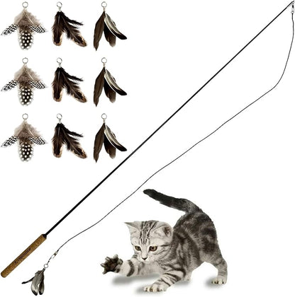 Forever Stick and 9 Cat Feather Toy Refills - The Unbreakable Cat Wand Toy, Durable Cat Toy Wand, Extra Long Cat String Toy, Cat Fishing Pole Toy for Bored Indoor Adult Cats, Cat Stick Toy