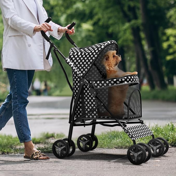 Pet Stroller for Small Dogs & Cats - 10-22lbs, Rear Storage, Black Polka Dots