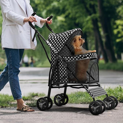 Pet Stroller for Small Dogs & Cats - 10-22lbs, Rear Storage, Black Polka Dots