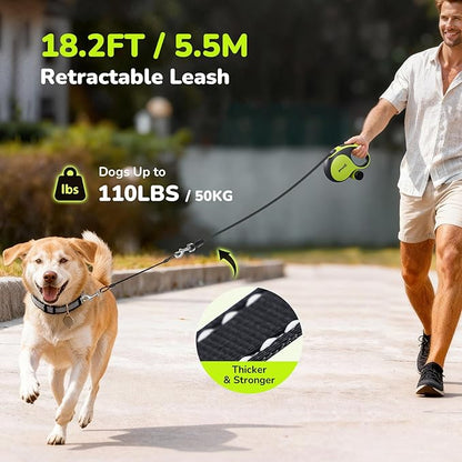 Retractable Dog Leash with Chew Proof Extender - 18,2 ft Heavy Duty Retractable Dog Leash with Poop Bag Holder, Anti-Slip Handle, Reflective Leashes for Small Medium Large Pet Up to 110 lbs