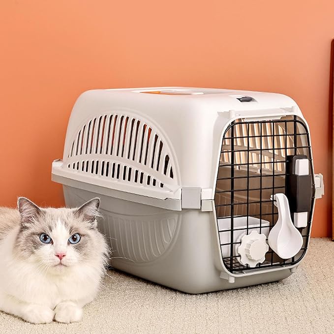 Plastic Pet Carrier, 18.9x12.6x12.6 inch Hard Sided Travels Cat Crate with Wire Door and Water Bowl Ventilation and Security Lock Design Portable Small Dog Kennel for Camping (Grey)