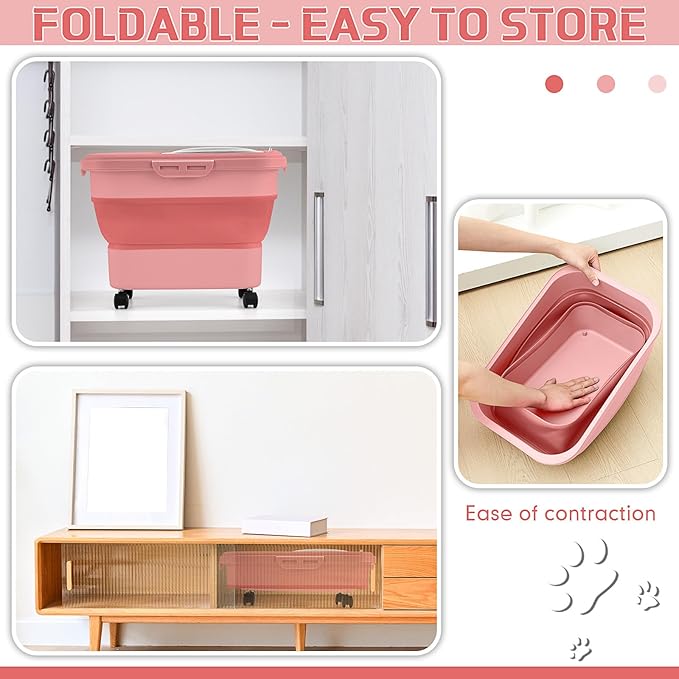 Juexica Collapsible Cat Litter Storage Bin Container with Rolling Casters, 20 Lbs Portable Cat Litter Storage Container with Airtight Lids, Shovel, Kitchen Cereal Rice Leakproof Sealable(Red)
