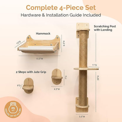 4-in-1 Window & Wall Mount Cat Wall Shelves – Hammock, Scratching Post & Perch | Fits up to 40 lbs | Space-Saving Pet Furniture for Windows, Glass & Drywall | Modern Wood Cat Shelf Set