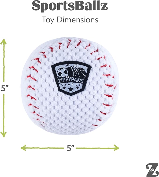 ZippyPaws SportsBallz - Dog Squeaky Toys to Keep Them Busy, Funny Plush for Small, Medium, & Large Dogs, Cute Stuffed Puppy Toy, Pet Products, Gift for All Breeds, Interactive Squeaker - Baseball