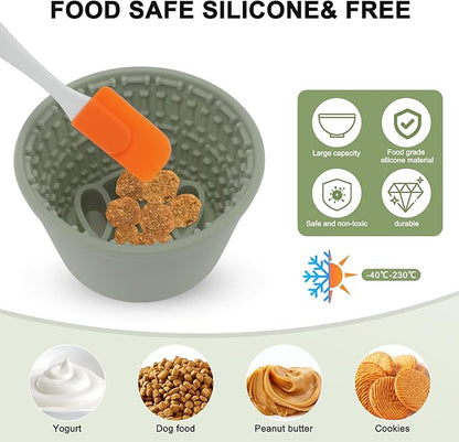 Slow Feeder Dog Bowls, Silicone Dog Lick Bowl with Brush & Scraper, Non-Slip Base Slow Feeder for Anxiety Alleviating & Oral Health, Deep Green