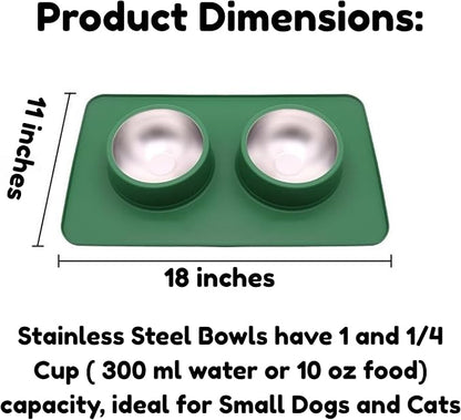 BoldPet® Dog Food and Water Bowl Set - Food Grade,Non-Slip Design Silicone Mat - Includes 2 Removable Stainless Steel Dog Bowls for Small Dogs - Perfect Puppy Bowls Set - Pet Bowls for Dogs and Cats