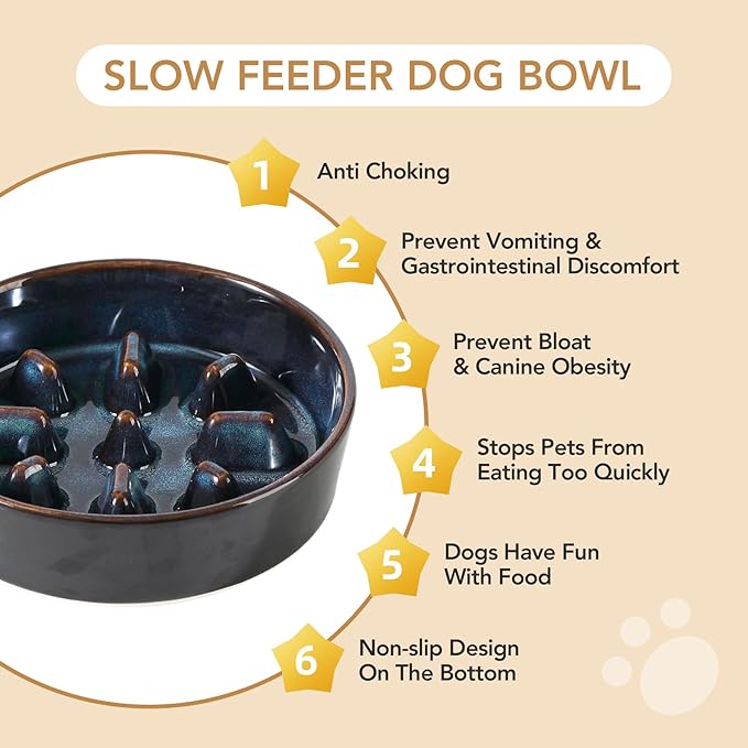 Ceramic 1.2 Cup Raised Slow Feeder Dog Bowl Set, Elevated 6.1inch Bowl and 7.3inch Slow Feeder Dish with Acacia Wood Stand for Small and Medium Dogs (2 x Starry Sky+ Stand)