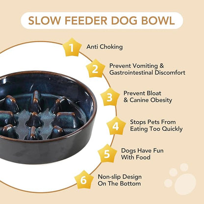 Ceramic 1.2 Cup Raised Slow Feeder Dog Bowl Set, Elevated 6.1inch Bowl and 7.3inch Slow Feeder Dish with Acacia Wood Stand for Small and Medium Dogs (2 x Starry Sky+ Stand)