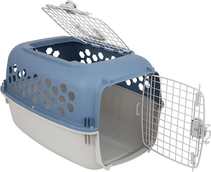 24" Pet Kennel Carrier for Small Dogs & Cats, Portable Travel & Home Use Two-Door (Top/Front Loading) Plastic Crate for 15-25 lbs Pets, Durable Blue