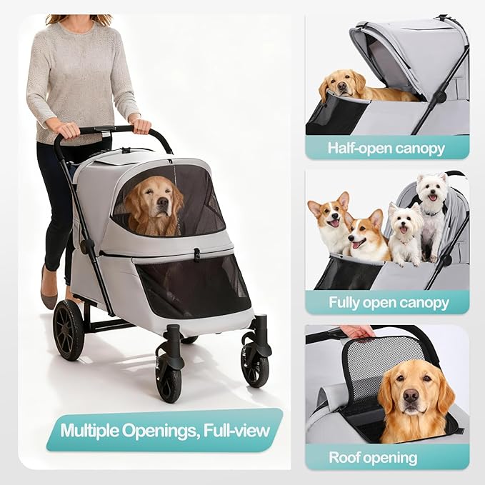 Pet Stroller with Ramp for Large Dogs up to 132lbs, Large Pet Gear for Multiple Dogs/Cats, All-Terrain with Mesh Dual-Window & NO-Zip, Removable Mattress & Slope Pad (Gray)