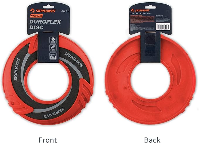 SKIPDAWG Interactive Dog Tug Toy, Dog Flying Disc Floats in Water to Keep Them Busy, Outdoor Pet Toys for Dogs Exercise Training Safe Light TPR/Nylon Fabric, Diameter 9 Inch Red Color