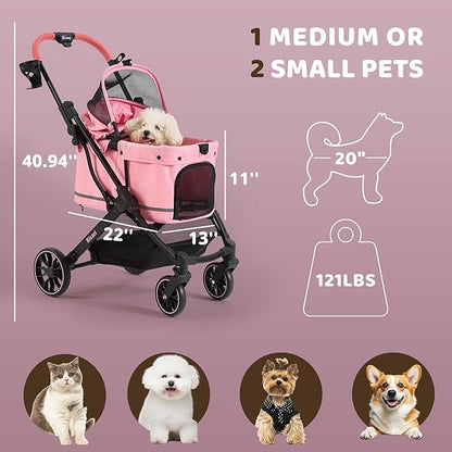 All-Terrain Dog Stroller for Small to Medium Dogs, Pet Stroller for Dogs & Cats Outdoor Walks, One-Hand Easy Fold, Double-Layer Anti-UV & Waterproof Canopy & Breathable Mesh, Sakura Pink