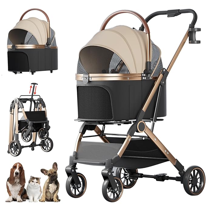 4 Wheels Pet Stroller for Small Medium Dogs Cats Up to 45 lbs Folding Dog Stroller with Detachable Breathable Carrier Suitable for Car Seat, Hand Carry & Travel, All Terrain, 3 in 1 Multifunctional