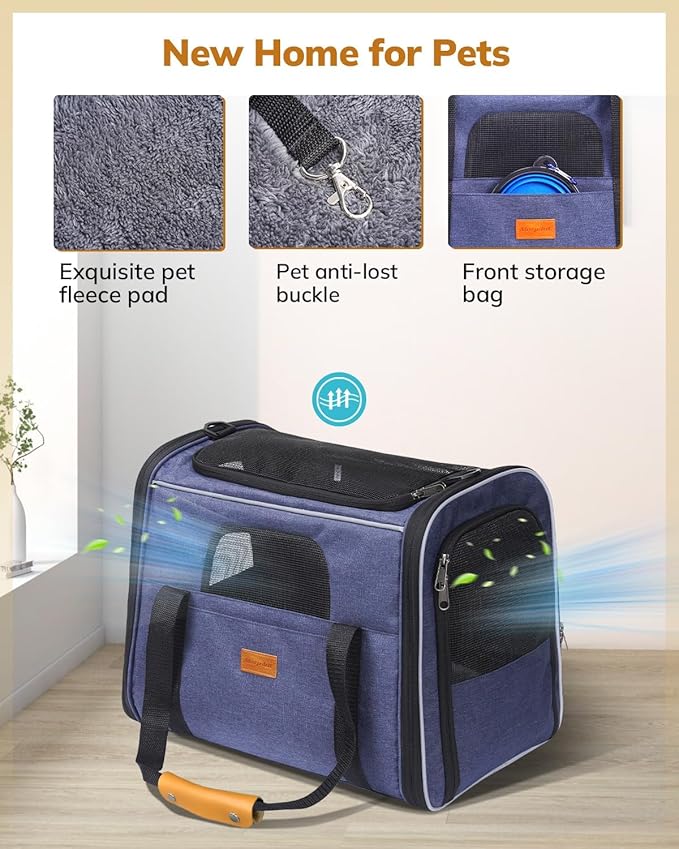 Morpilot Pet Travel Carrier Bag, Soft-Sided Dog Carrier Cat Carrier Pet Carrier, for Large Cats and Medium Puppies up to 25lbs, with Locking Safety Zippers, Foldable Bowl (Dark Blue)