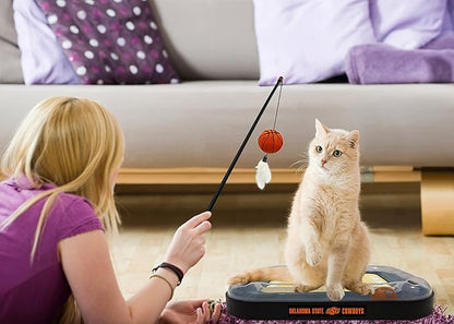 Cat Scratch Toy NCAA OKLAHOMA STATE Cowboys REVERSIBLE Basketball Court Felt/Cardboard Cat Scratcher Toy with Interactive Cat Ball Bell. 6-in-1 CAT TOY Cat Wand Poll CATNIP-FILLED Plush Basketball Toy