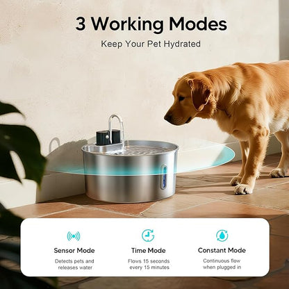 Voluas Dog Water Fountain: 1.8Gal/7L Wireless Stainless Steel Dog Fountain Bowl for Small to Large Dogs, Battery Operated Pet Water Dispenser Indoor with Ultra-Quiet Pump, Easy Clean, 1 Filter