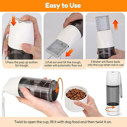 Portable 12 oz Dog Water Bottle with 4 oz Food Container for Dogs Puppy Cats, Leak Proof Pet Water Dispenser Feeder Drinking Bowl for Outdoor Walking Hiking Travel