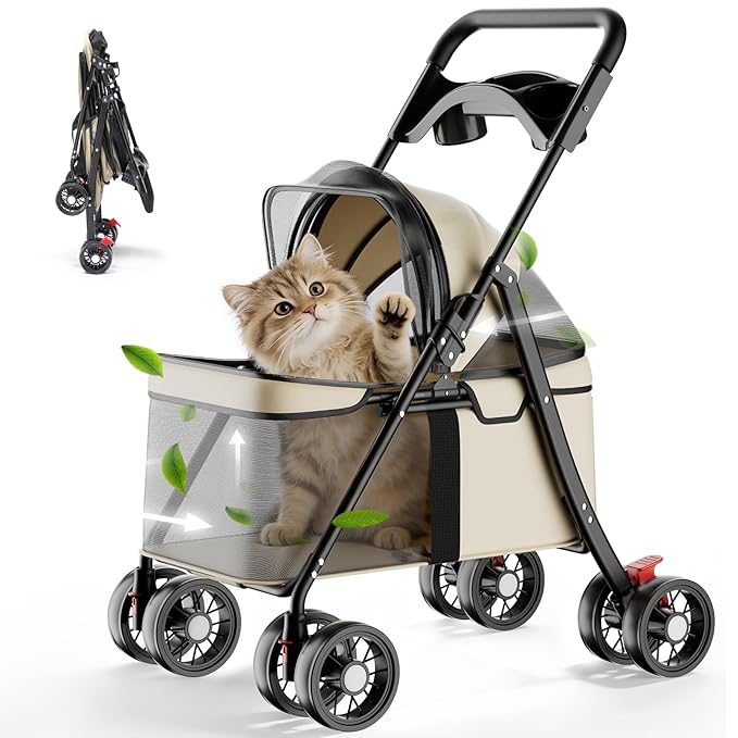 GTPLAYER Foldable Pet Stroller for Small Dogs and Cats, Holds Up to 33 lb, 4-Wheel Stroller with 2 Safety Tethers, Breathable Mesh, Lockable Front Wheels, Cup Holder/Tray & Storage Pocket, Ivory