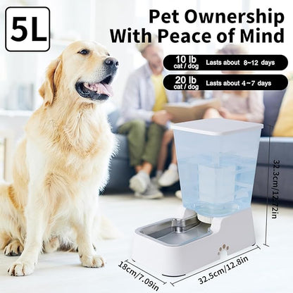 Meikuler Automatic Dog Cat Water Dispenser Large Capacity 5Lfor Cats and Medium and Large-Sized Dogs with Stainless Steel Bowl (Black, 5L)