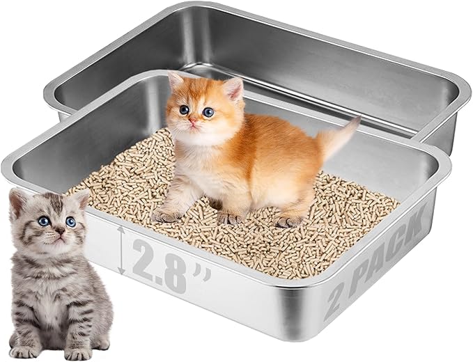 2 Pack Low Entry Cat Litter Box, 15.7"×11.8"×2.8" Stainless Steel Kitten Litter Box for Small Cat, Kitty Shallow Litterbox for Guinea Pig, Puppy, Hamsters Toilet