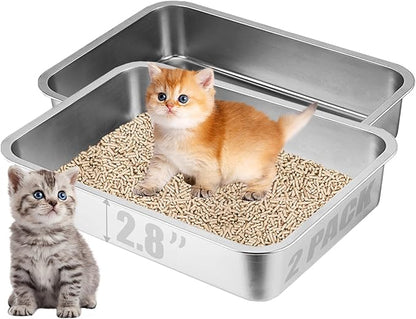 2 Pack Low Entry Cat Litter Box, 15.7"×11.8"×2.8" Stainless Steel Kitten Litter Box for Small Cat, Kitty Shallow Litterbox for Guinea Pig, Puppy, Hamsters Toilet