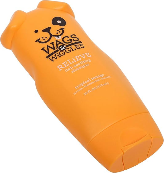 Wags & Wiggles Relieve Anti-Itch Dog Shampoo, Tropical Mango Scent - pH-Balanced Shampoo with Jojoba Oil, Aloe, and Tea Tree Oil for Dogs with Dry or Sensitive Skin, 16 Fl Oz