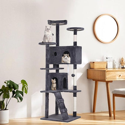 BestPet | 70" Cat Tree Tower | Ashy | Sturdy, Easy to Assemble, Multi-Level Activity Center with Sisal Scratching Posts, Condos, Perches, Hanging Cat Toys, Observation Decks & Ladder