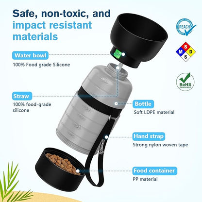 Pecute Upgraded 22 oz Dog Water Bottle with 5 oz Food Container, Portable Dog Travel Water Bottle Dispenser, Leakproof, BPA Free, Lightweight, Pet Water Bottle Bowl for Outdoor Walking Hiking Camping