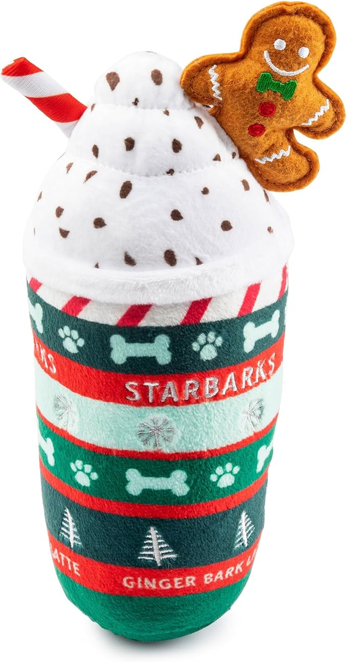Haute Diggity Dog Starbarks Ginger Bark Latte, Plush Holiday Christmas Dog Toys with Interactive Squeaker, Stimulating Pet Enrichment, Machine-Washable & Safe Materials for All Breeds, One Size