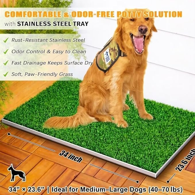 Upgrade Stainless Steel Dog Grass Pad with Tray, 34"x 23.6"Potty Training System for Dogs, 4-Layer Quick Drainage & Odor Control, Heavy Duty Indoor Outdoor Grass Turf for Balcony, Porch, Home Use