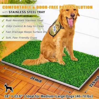 Upgrade Stainless Steel Dog Grass Pad with Tray, 34"x 23.6"Potty Training System for Dogs, 4-Layer Quick Drainage & Odor Control, Heavy Duty Indoor Outdoor Grass Turf for Balcony, Porch, Home Use