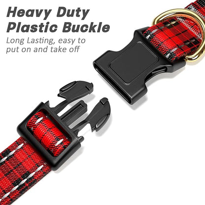 Reflective Dog Collar for Medium Dogs, Cute Boho Adjustable Heavy-Duty Nylon Puppy Collar for Boy and Girl Female, Soft Pet Accessories with Quick Release Buckle, Black Red Tartan