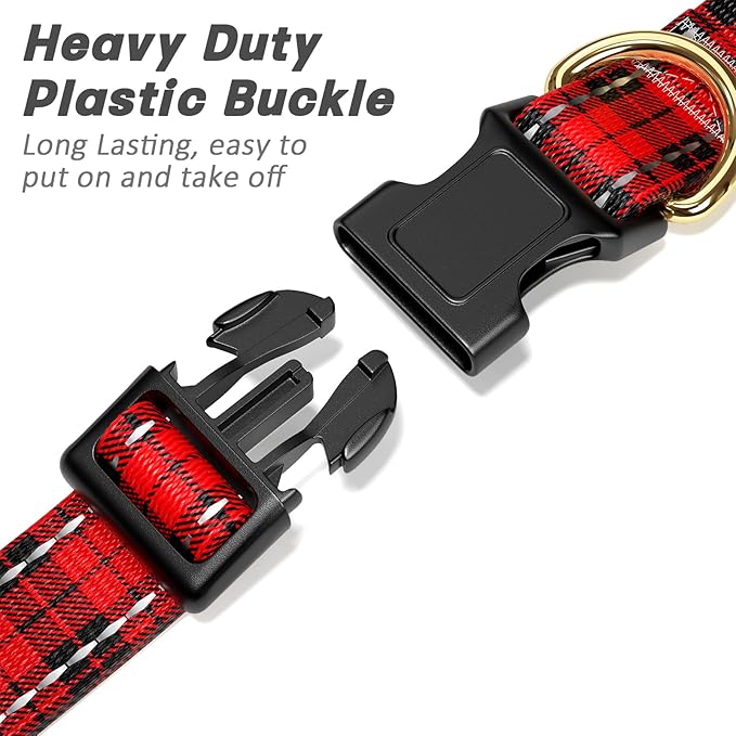 Reflective Dog Collar for Large Dogs, Cute Boho Adjustable Heavy-Duty Nylon Puppy Collar for Boy and Girl Female, Soft Pet Accessories with Quick Release Buckle, Black Red Tartan