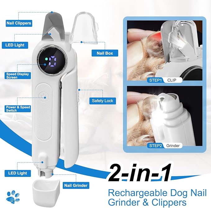 2-in-1 Dog Nail Clippers and Grinder, Electric Dog Nail Trimmer for Large Medium Small Dogs & Cats with 3 Speeds, USB Rechargeable, Quick Sensor, Splash Guard & LED Lights, Safe & Painless (White)