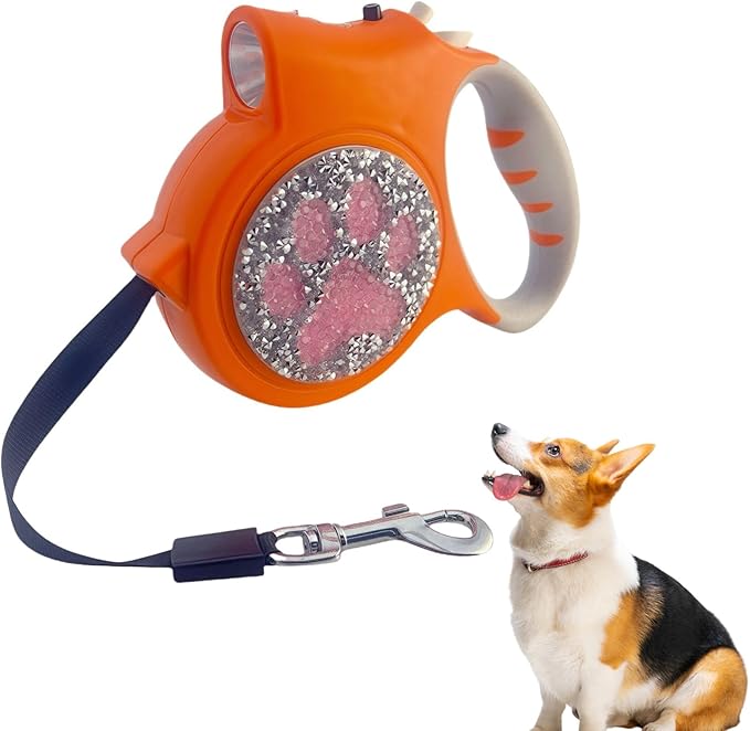 Led Retractable Dog Leash – 16ft Leash with Handcrafted Sparkle Detail Tangle-Free One-Hand Brake Soft Grip Handle for Small & Medium Dogs Up to 77lbs (DL-Orange)