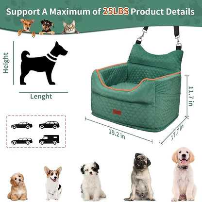 Dog Car Seat - Memory Foam Dog Booster Seats for Small Dogs Up to 25lbs-Elevated Pet Car Seat with Storage Pockets and Dogs Seat Belt-Pet Travel Bed for Front & Back Seats-Removable Washable-Green