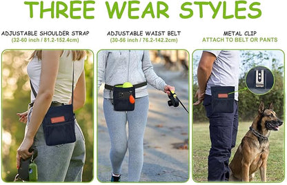 Dog Treat Pouch, Large Treat Pouches for Pet Training with Multiple Pockets, Built-in Poop Bag Dispenser & Phone Holder, 3 Wear Styles, Ideal Dog Treat Bag for Training & Walks, Black