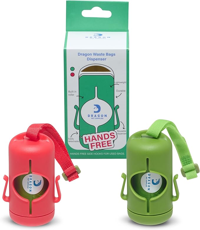 DRAGON Waste Bags Durable Dispenser, Dog poop bags holder with Two Hooks on the side for Used Poop Bags, leash attachment strap and 15 Poop Bags (RED)