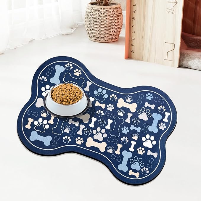 Dog & Cat Food Mat Bone Shaped Pet Feeding Mat Quick Absorb Water Bowl Placemat with Rubber Backing Indoor Floor Stain Resistant Pet Accessory Supplies (Blue, 12x18 Inches)