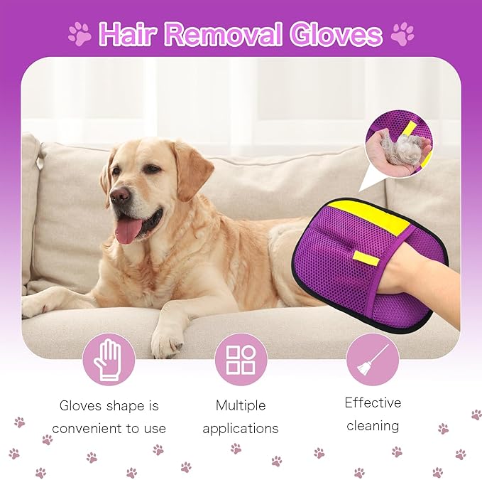 3pc Pet Hair Removal Gloves, Reusable Cats & Dogs Pet Hair Removal Tool,Efficient Pet Hair Removal Electrostatic Gloves is Suitable for Clothes, Sofas, Beds and Carpets (Purple)