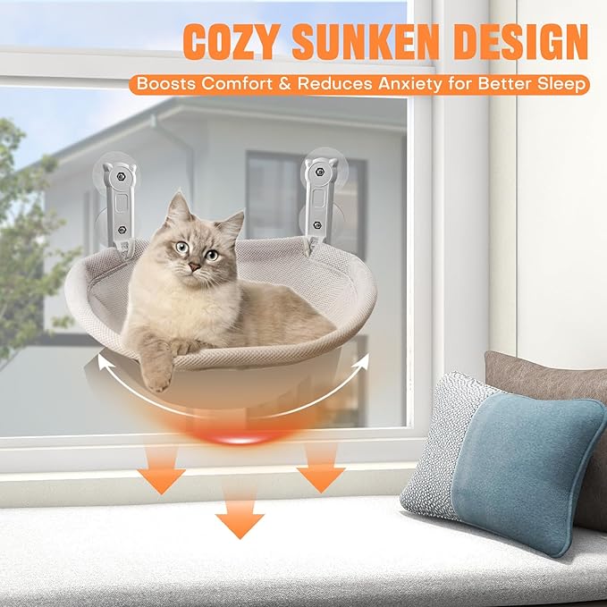 Homegroove Cat Window Perch, 18 x 12 Inch Foldable Cat Hammock for Window with Sturdy Metal Frame, Breathable Cordless Window Bed for Resting Seat for Indoor Cats (Grey, 18 x 12 Inch)