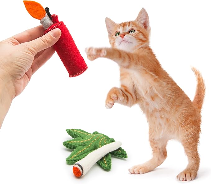 Glaciart One Catnip Joint, Leaf and Lighter Cat Toy Set | Cat Crack for Funny Kittens, Stimulating Toys for Boredom, Exercise & Play | Filled w/Organic Catnip to Excite/Calm Kitty | Organic Idea