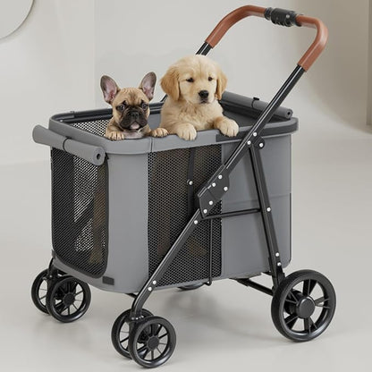 Dog Stroller for Large & Medium Dogs, Pet Stroller for 2 Small Dogs Up to 80 Lbs, Extra Large Heavy Duty, Folding & Breathable, All-Terrain Wheels, Grey