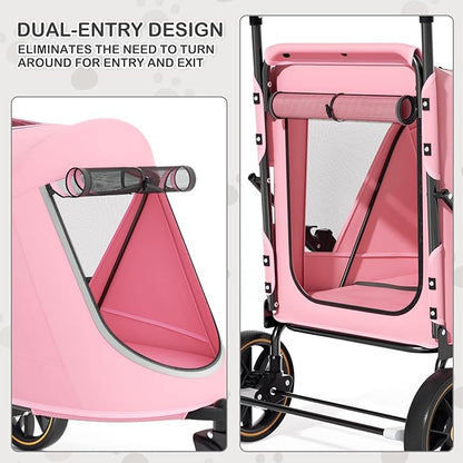 MoNiBloom Pet Stroller for Large Dogs or Multiple Dogs Cats with Adjustable Handle, 3-Wheels Dual Entry Portable Dog Carting Easy Folding Pet Wagon Double Dog Stroller up to 55 lbs, Pink