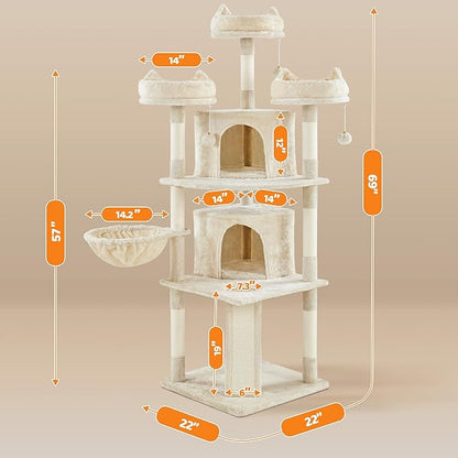 Yaheetech 68.5in Cat Tree Multi-Level Cat Tower with Large Cat Condo＆Cozy Perches Stable Pet Play House w/Sisal-Covered Scratching Posts＆Board for Indoor Cats, Beige