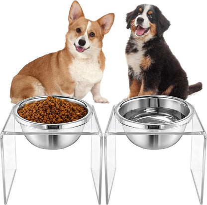2 Set Acrylic Elevated Dog Bowls Stand 6.3" Tall Pet Acrylic Feeder Come with 2 Removable Stainless Steel Bowls for Large Dogs, Raised Durable Dog Bowl Pet Feeding Station