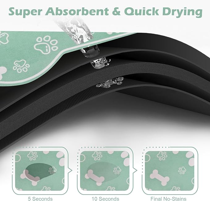 Dog Cat Mat for Food and Water,Rapid Absorbent Pet Feeding Mat, Bone Shaped Dog Placemat Bowl Mat with Rubber Backing,No Stains Pet Food Mats Indoor, Pet Accessories Supplies,Green 23"×36"