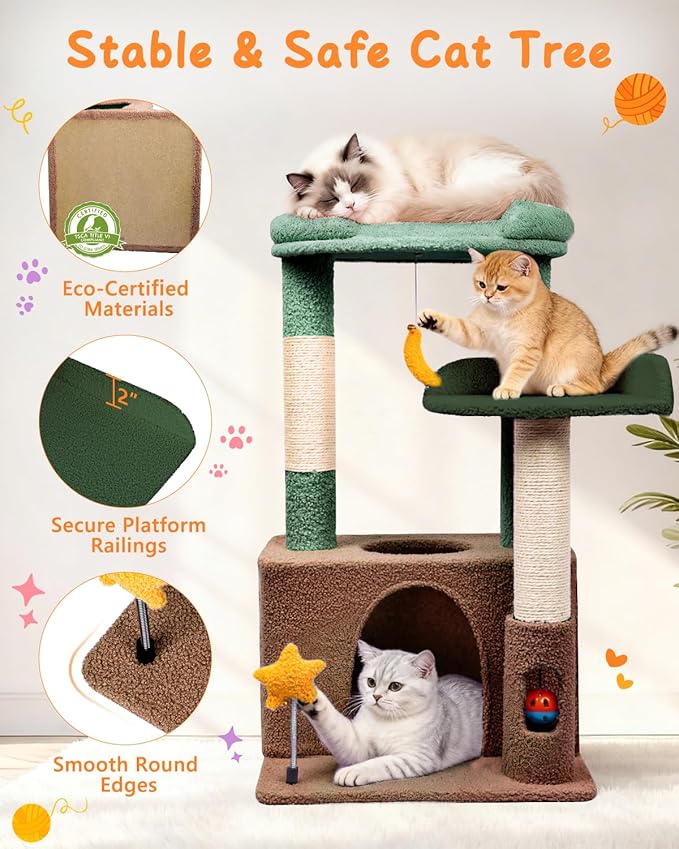 31" Cute Cat Tower for Indoor Kittens with Cat Condo, Plush Platform, Hammock, Sisal Scratching Posts, Dangling Ball, Tall Cat Tree Tower with Self-Grooming Brush (Olive Green)