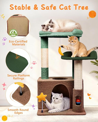 31" Cute Cat Tower for Indoor Kittens with Cat Condo, Plush Platform, Hammock, Sisal Scratching Posts, Dangling Ball, Tall Cat Tree Tower with Self-Grooming Brush (Olive Green)